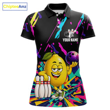 Load image into Gallery viewer, Colorful lemon bowling polo shirt for women with vibrant custom bowling team graphics.