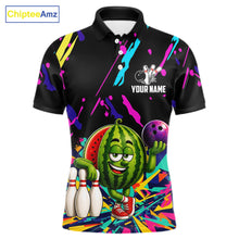 Load image into Gallery viewer, Colorful watermelon bowling polo shirt for men with vibrant custom bowling team graphics.