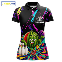 Load image into Gallery viewer, Colorful watermelon bowling polo shirt for women with vibrant custom bowling team graphics.