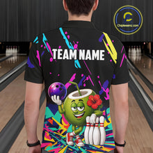 Load image into Gallery viewer, Back view of man wearing a colorful coconut bowling polo shirt inside a bowling alley.