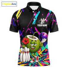 Load image into Gallery viewer, Colorful coconut bowling polo shirt for men with tropical custom bowling team graphics.