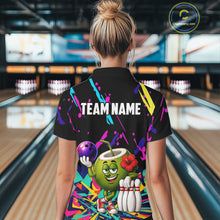 Load image into Gallery viewer, Back view of woman wearing a colorful coconut bowling polo shirt inside a bowling alley.