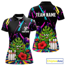 Load image into Gallery viewer, Colorful sunflower bowling polo shirt for women with vibrant custom bowling team graphics.