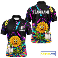 Load image into Gallery viewer, Colorful sunflower bowling polo shirt for men with vibrant custom bowling team graphics.