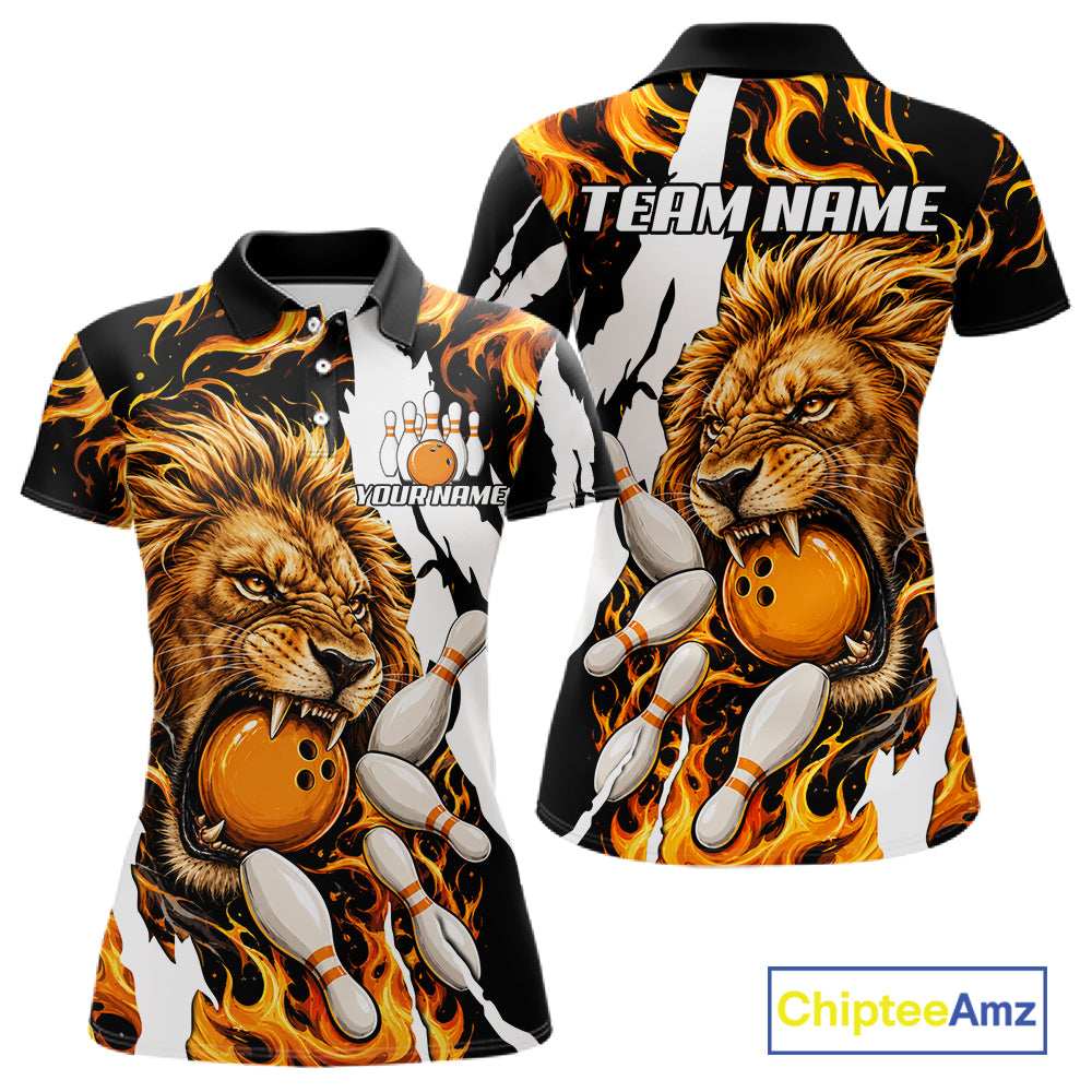 Personalized orange flame lion bowling team jersey polo shirt for women featuring a fierce lion with blazing orange flame artwork, premium custom bowling league apparel for tournaments and league play.