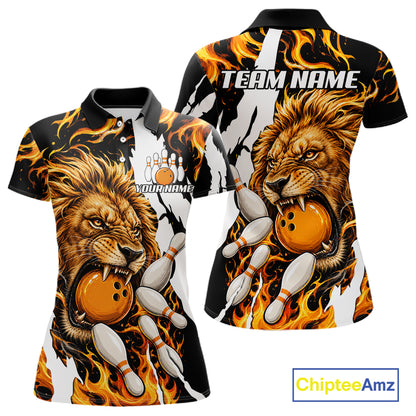 Personalized orange flame lion bowling team jersey polo shirt for women featuring a fierce lion with blazing orange flame artwork, premium custom bowling league apparel for tournaments and league play.