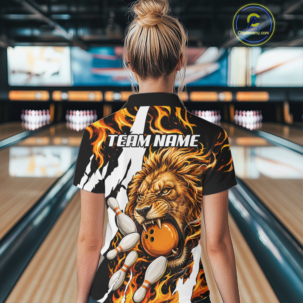 Woman wearing personalized orange flame lion bowling team jersey quarter zip shirt featuring orange flame lion artwork, front view.