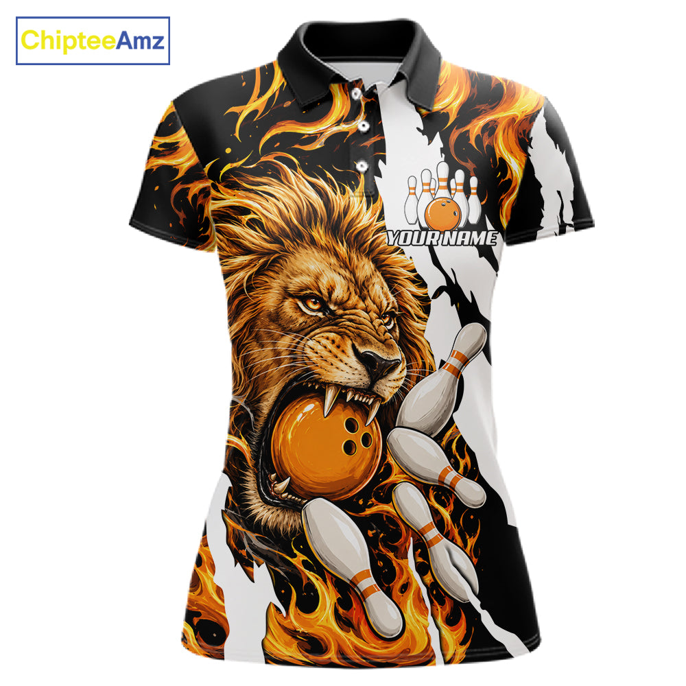 Personalized orange flame lion bowling team jersey polo shirt for women featuring a fierce lion with blazing orange flame artwork, premium custom bowling league apparel for tournaments and league play.