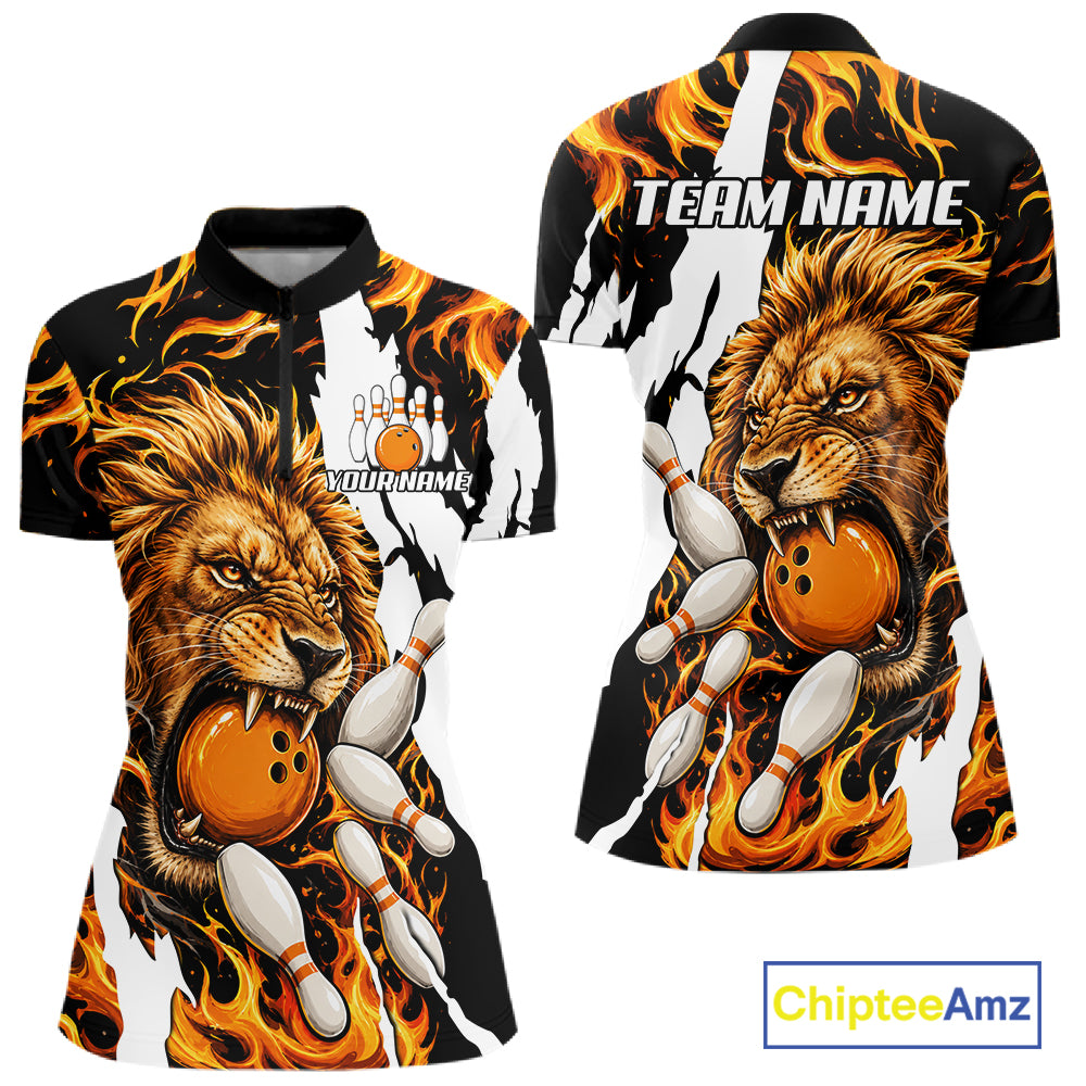 Personalized orange flame lion bowling team jersey quarter zip shirt for women featuring bold orange flame lion graphics, premium custom bowling league apparel.