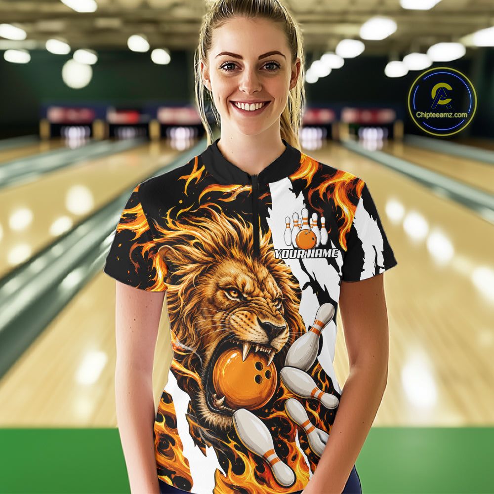Woman wearing personalized orange flame lion bowling team jersey polo shirt featuring orange flame lion artwork, back view.