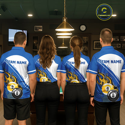 White And Blue 8 Ball & 9 Ball Flame Billiard Shirt For Women Custom Pool Team Jersey Polo & 1/4 Zip TDM6345