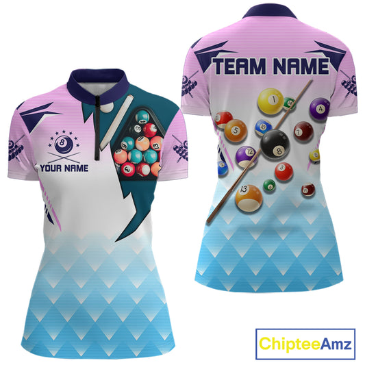 Personalized Colorful Billiard Shirt For Women Custom 8 Ball Pool Team Jersey Polo & 1/4 Zip TDM5471