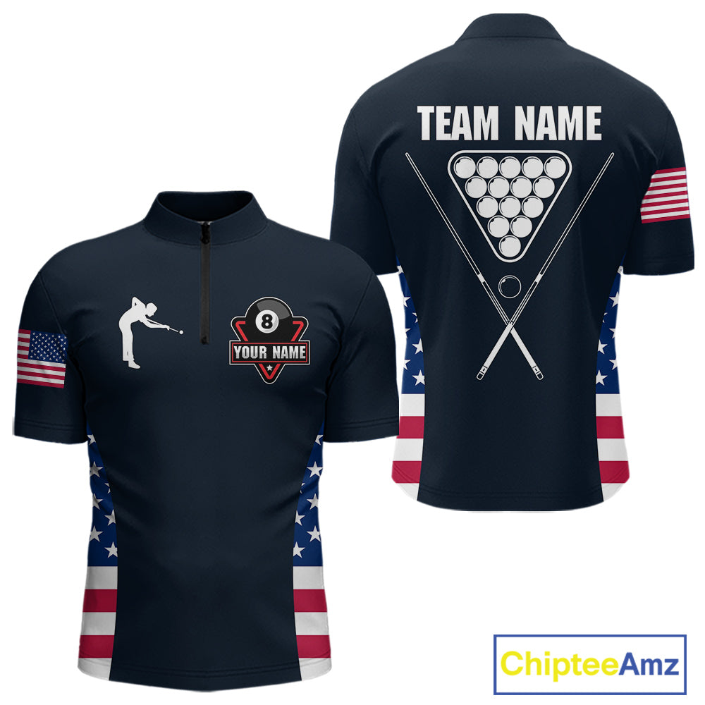 Custom US Flag 8 Ball Pool Billiard Shirt For Men, Billiard Team Jersey Polo & 1/4 Zip |Navy Blue TDM5478