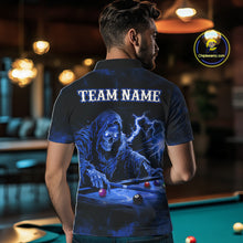Load image into Gallery viewer, Personalized Smoke Skull Blue Billiard Shirts For Men, Grim Reaper Pool Jersey Team Polo &amp; 1/4 Zip TDM5934