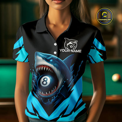 Personalized Blue 8 Ball Pool Billiard Shark Polo & 1/4 Zip For Women, Billiard Team Pool Jerseys TDM4013