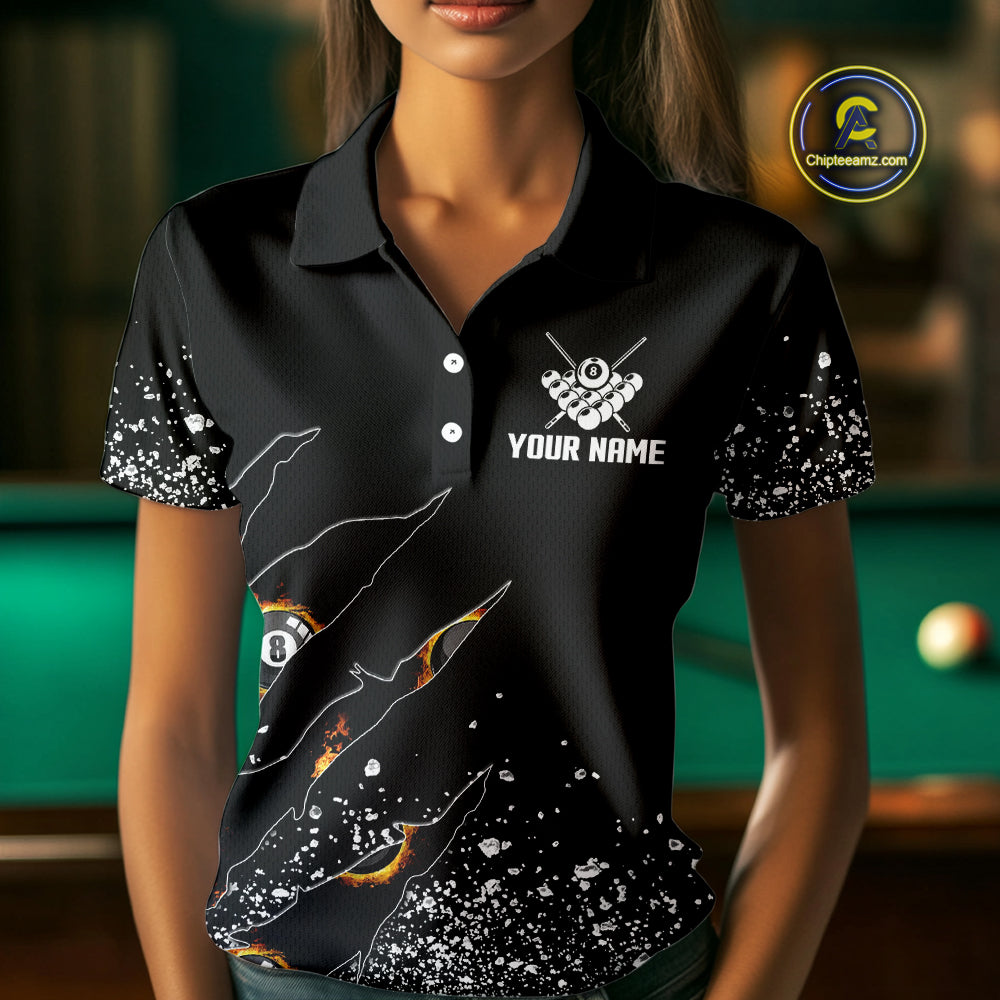 Custom 8 Ball Fire Black Grunge Billiard Shirts For Women, Billiard Team Shirts Pool Jerseys TDM4015