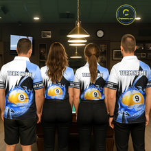 Load image into Gallery viewer, Custom Flame 8 Ball &amp; 9 Ball Billiard Shirt For Women, Pool Team Jersey Polo &amp; Quarter Zip |Blue TDM6540