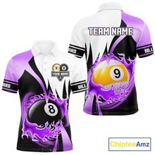 Load image into Gallery viewer, Custom Flame 8 Ball &amp; 9 Ball Billiard Shirt For Men, Pool Team Jersey Polo &amp; Quarter Zip |Purple TDM6541