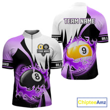 Load image into Gallery viewer, Custom Flame 8 Ball &amp; 9 Ball Billiard Shirt For Men, Pool Team Jersey Polo &amp; Quarter Zip |Purple TDM6541