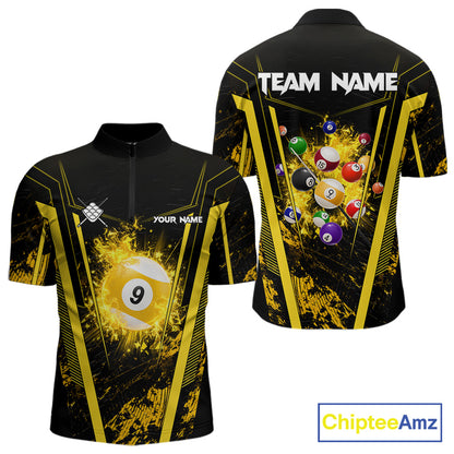 Yellow and Black Grunge 9 Ball Quarter Zip Billiard Shirt Created for Pool League Players with Custom Team Jersey Design and Athletic Performance