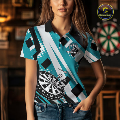 Custom Turquoise Geometric Darts Polo & Quarter Zip For Women, Darts Team Jersey Outfit TDM5027