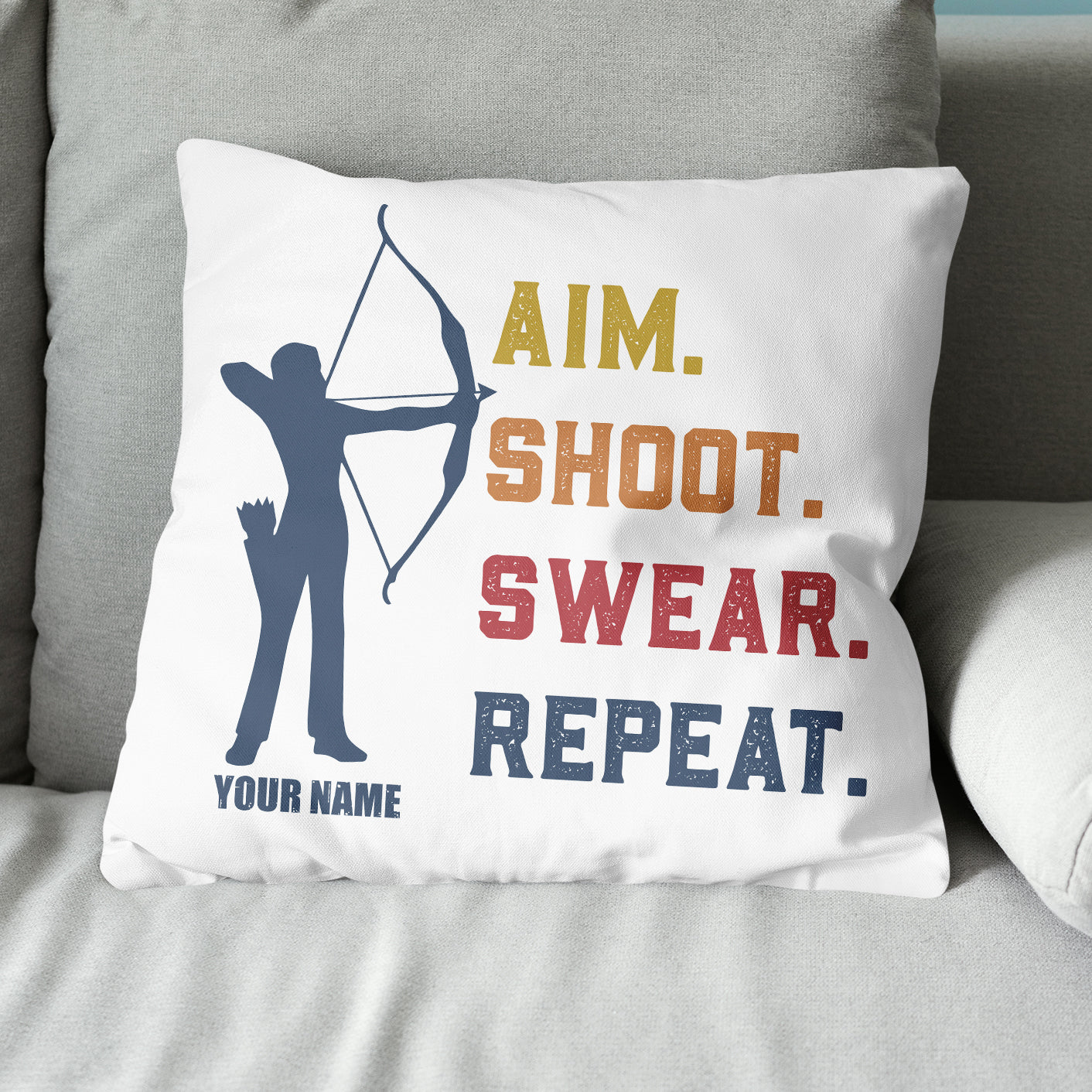 Funny Vintage Archery Aim Shoot Swear Repeat Custom Name White Pillow TDM0756