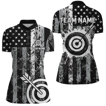 Custom Black Grunge USA Flag Archery Shirts For Women, Patriotic American Archery Team Jerseys TDM3242