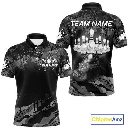 Custom Black And Grey Camo Bowling Shirt For Men, Grunge Bowling Team Jersey Polo & 1/4 Zip TDM6543