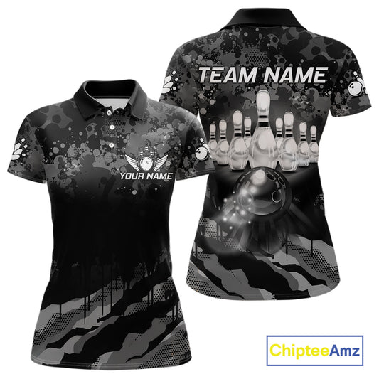Custom Black And Grey Camo Bowling Shirt For Women, Grunge Bowling Team Jersey Polo & 1/4 Zip TDM6543