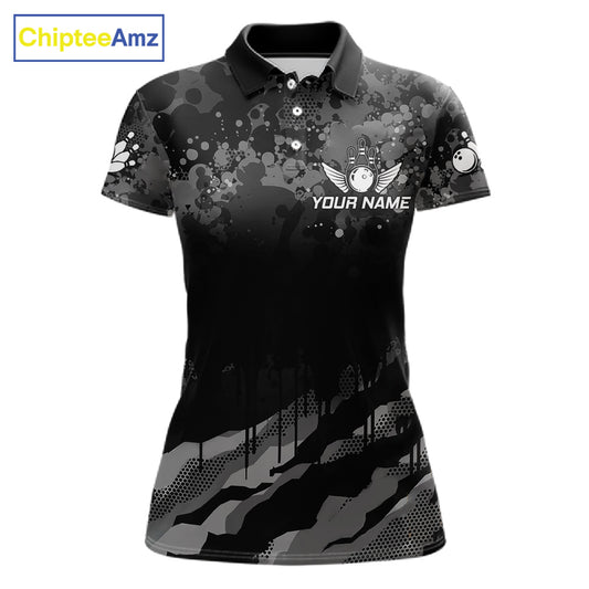 Custom Black And Grey Camo Bowling Shirt For Women, Grunge Bowling Team Jersey Polo & 1/4 Zip TDM6543