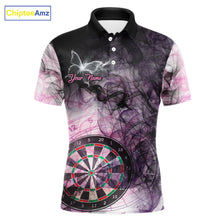 Load image into Gallery viewer, Pink butterfly smoke darts polo shirt for men with custom darts team graphics.