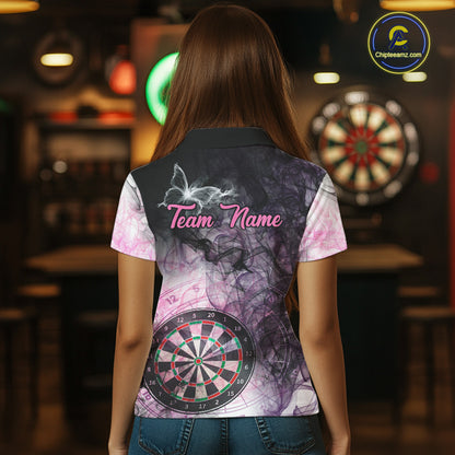 Back view of woman wearing a pink butterfly smoke darts shirt.