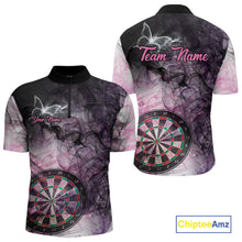 Load image into Gallery viewer, Pink butterfly smoke darts quarter zip shirt with left chest pocket for men featuring custom darts team graphics.
