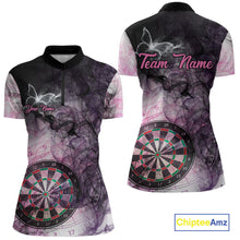 Load image into Gallery viewer, Pink butterfly smoke darts quarter zip shirt for women designed for league tournaments and team events.