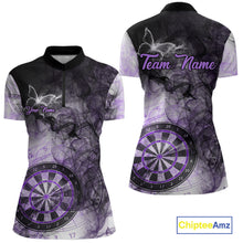 Load image into Gallery viewer, Purple butterfly smoke darts quarter zip shirt for women designed for league tournaments and team events.
