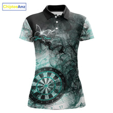 Load image into Gallery viewer, Turquoise butterfly smoke darts polo shirt for women with custom darts team graphics.