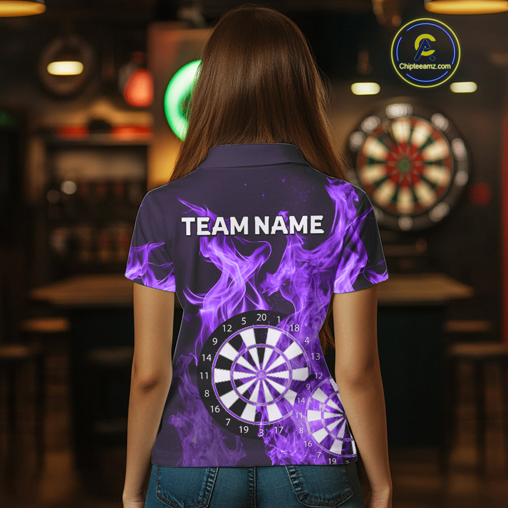 Purple Flaming Dartboard Darts Polo & Quarter Zip Custom Dart Shirts For Women Team Dart Jerseys TDM4230