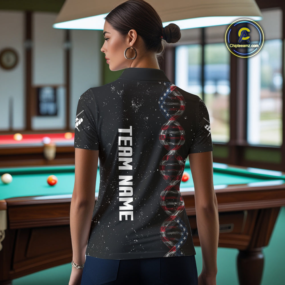 Women's Custom DNA American Flag Smoke 8 Ball Billiard Shirt, Patriotic Pool Jersey Polo & 1/4 Zip TDM4627