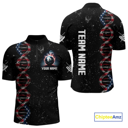 Men's Custom DNA American Flag Smoke 8 Ball Billiard Shirt, Patriotic Pool Jersey Polo & 1/4 Zip TDM4627