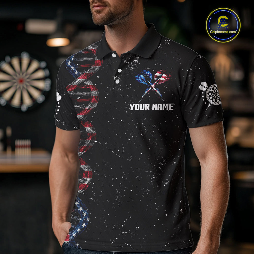 Custom Men's Black Grunge DNA American Flag Smoke Darts Shirt, Patriotic Dart Jersey Polo, 1/4 Zip TDM4628