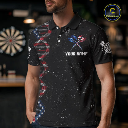 Custom Men's Black Grunge DNA American Flag Smoke Darts Shirt, Patriotic Dart Jersey Polo, 1/4 Zip TDM4628