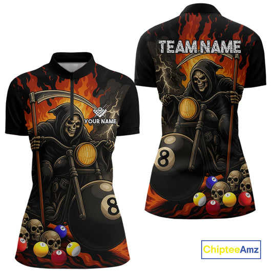 Personalized Grim Reaper Motorcycle Billiards Shirt For Women Custom Funny 8 Ball Pool Team Jersey TDM5263