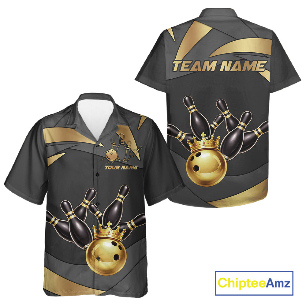 Black And Gold Hawaiian Bowling Shirt For Women Custom Crown Bowling Jersey, Bowling League Shirt TDM6379