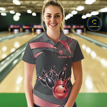 Load image into Gallery viewer, Black And Red Bowling Shirt For Women Custom Crown Bowling Jersey, Bowling League Polo &amp; 1/4 Zip TDM6380