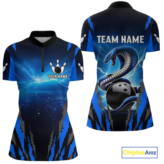 Personalized Blue Thunder Lightning Cobra Snake Bowling Shirts For Women, Bowling Team Jersey TDM4643