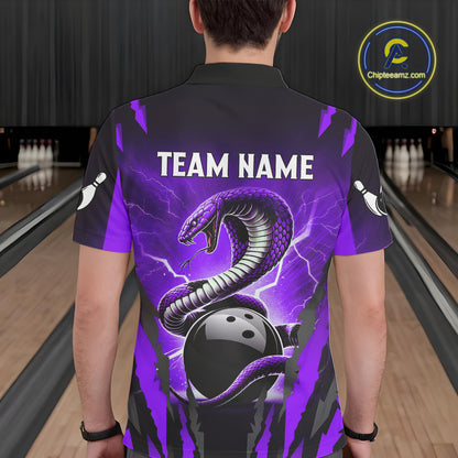 Personalized Purple Thunder Lightning Cobra Snake Bowling Shirts For Men, Bowling Team Jersey TDM4645