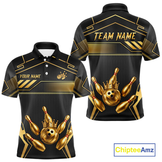 Black And Gold Custom Crown Bowling Ball Polo & Quarter Zip For Men, Bowling League Team Jersey TDM6569