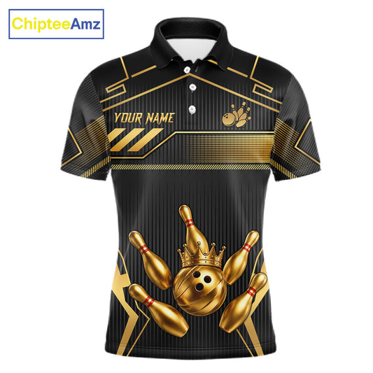 Black And Gold Custom Crown Bowling Ball Polo & Quarter Zip For Men, Bowling League Team Jersey TDM6569