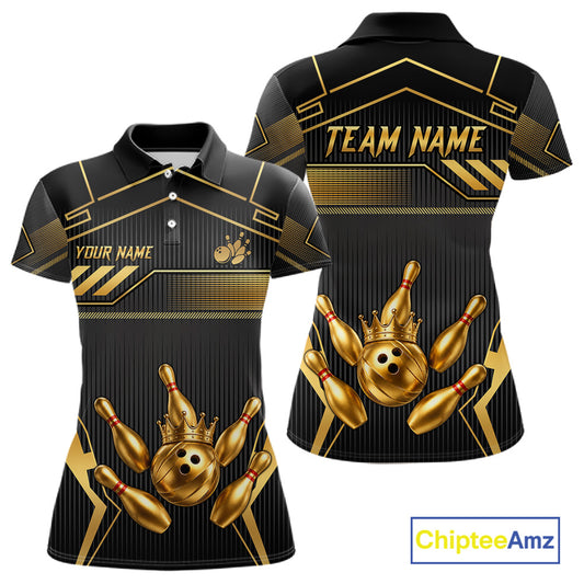 Black And Gold Custom Crown Bowling Ball Polo & Quarter Zip For Women, Bowling League Team Jersey TDM6569