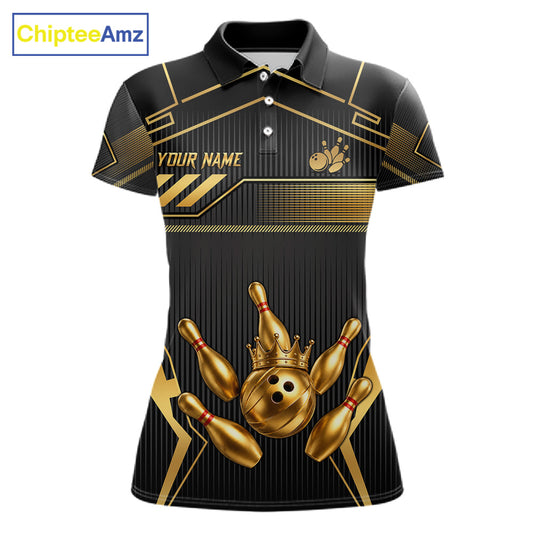 Black And Gold Custom Crown Bowling Ball Polo & Quarter Zip For Women, Bowling League Team Jersey TDM6569